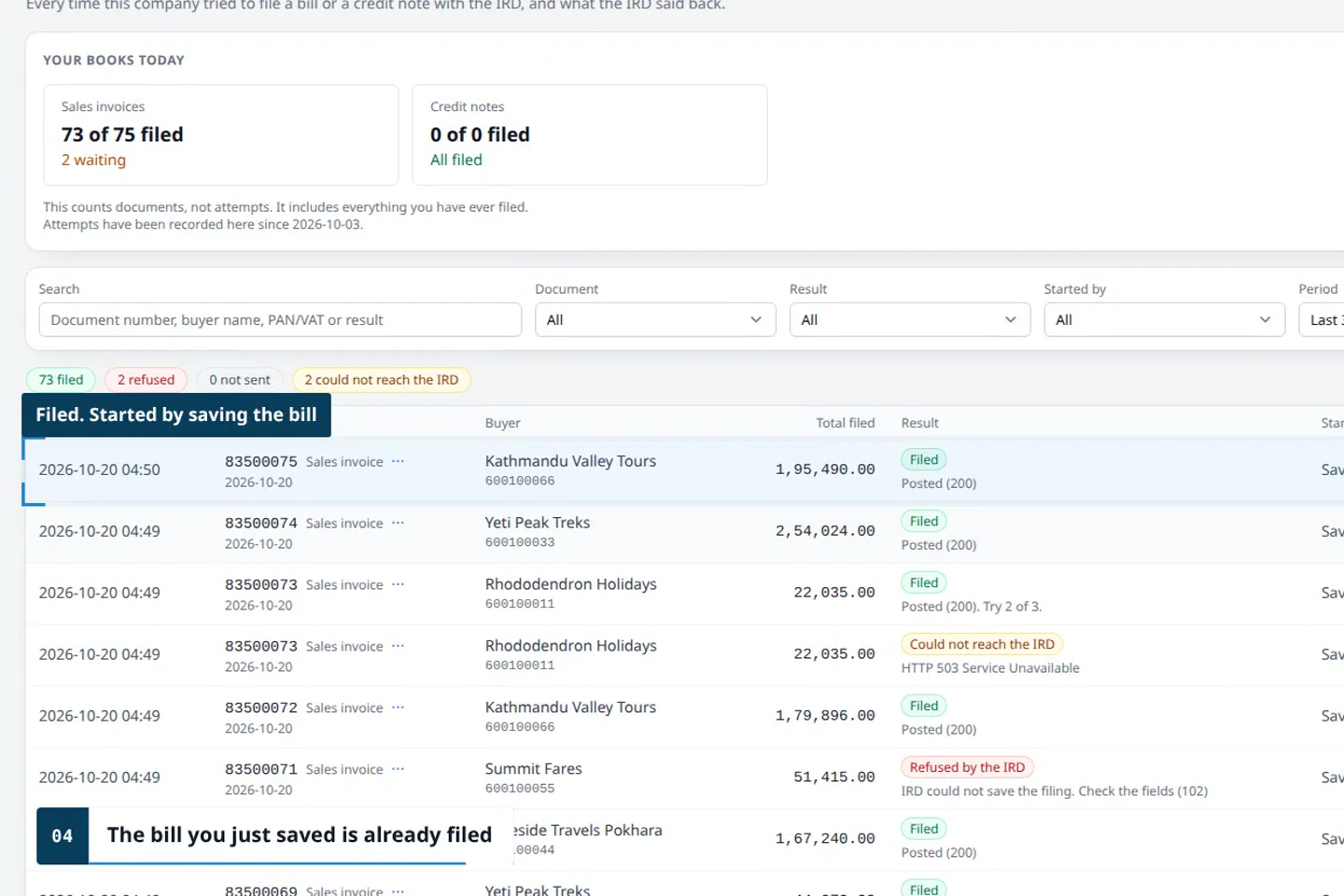 The CAS360 filing report showing a sales invoice already filed with IRD's CBMS, with IRD's answer
