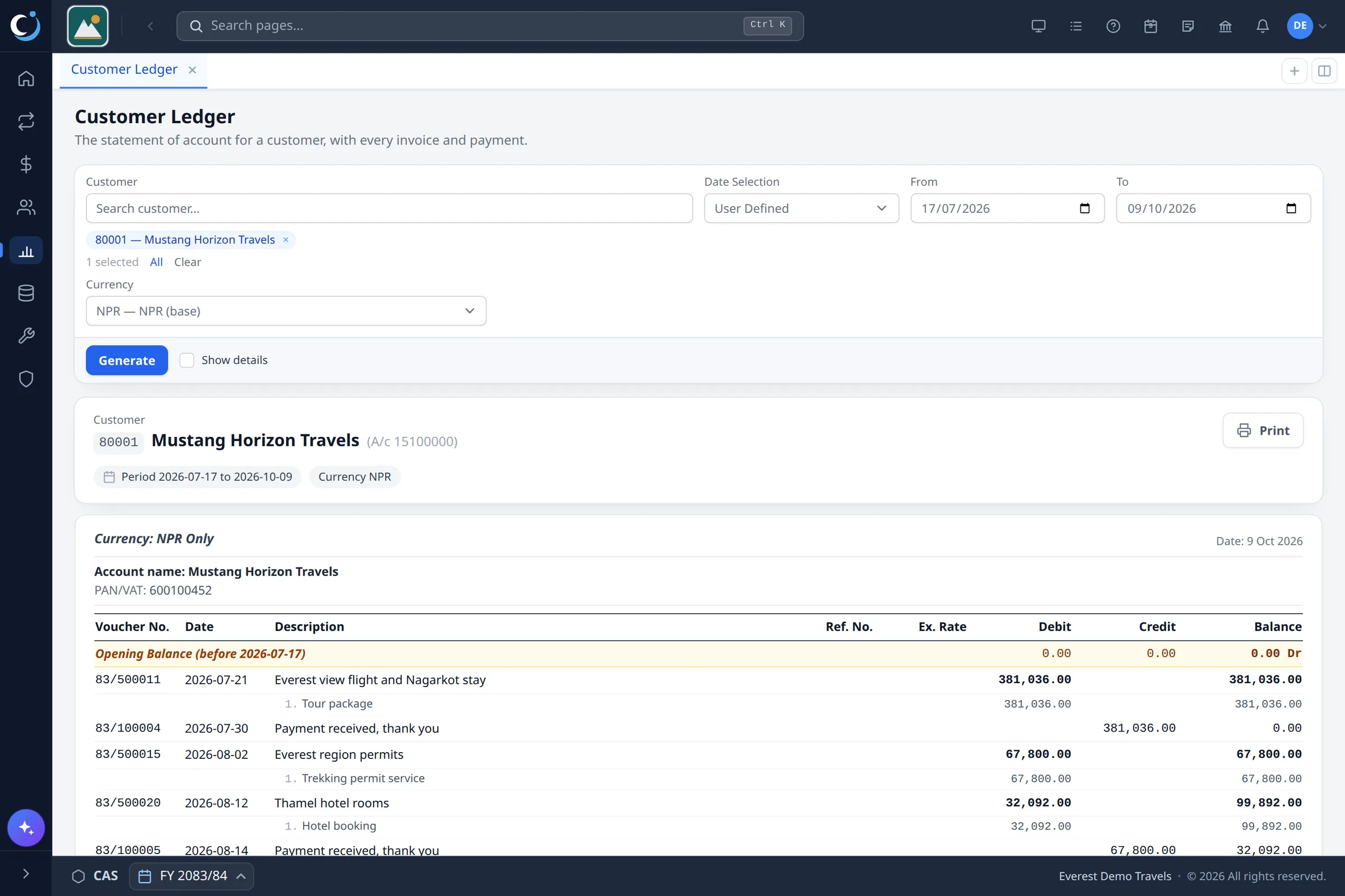 A CAS360 customer ledger with opening balance, entries and running balance