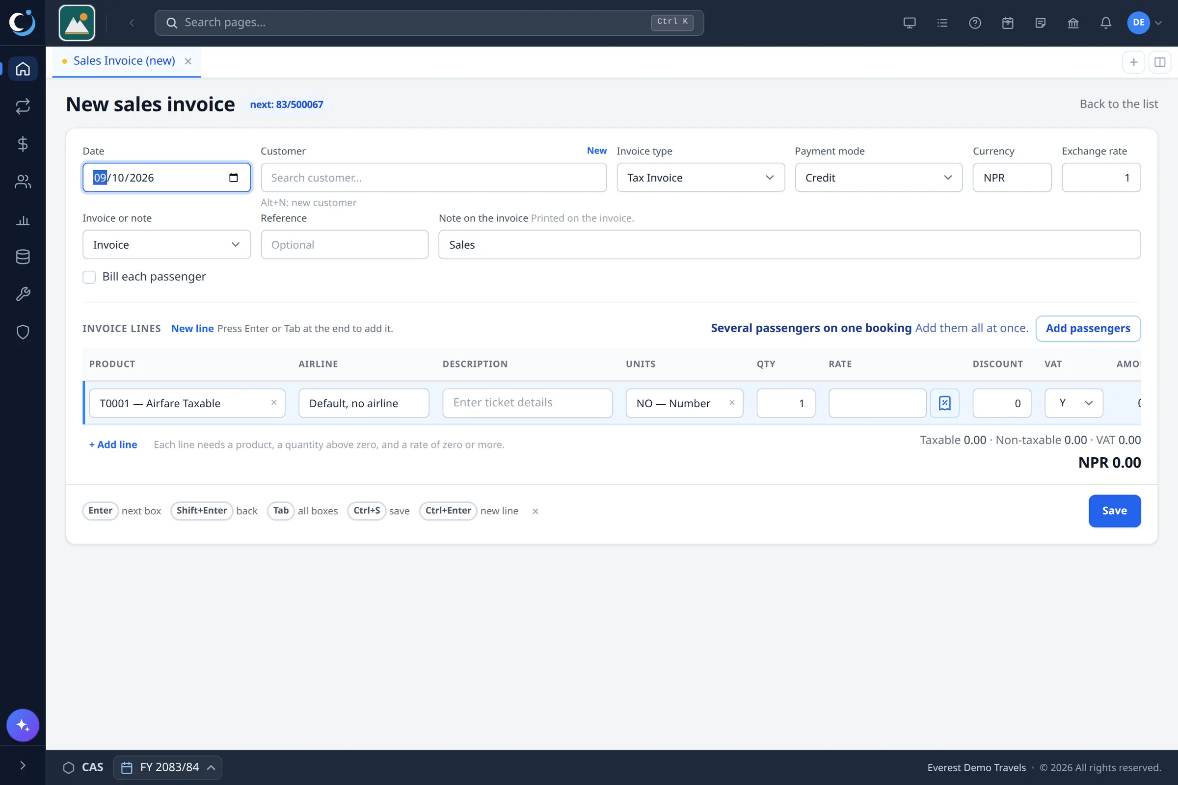 A new CAS360 sales invoice with an air fare line, the customer, and taxable and non-taxable totals