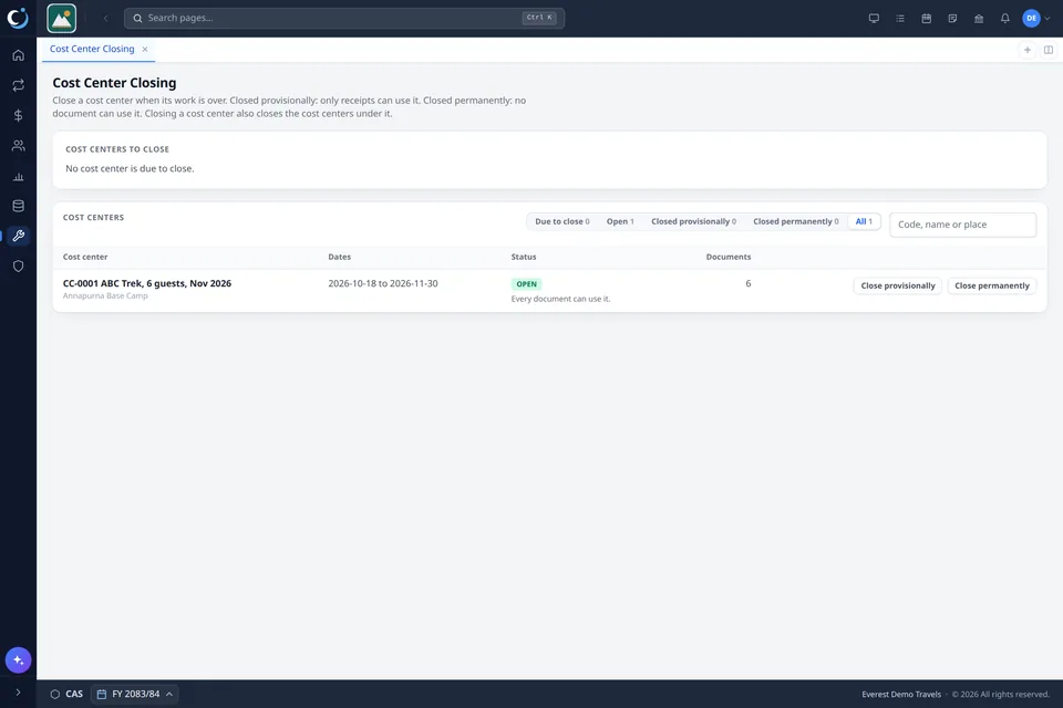 The CAS360 Cost Center Closing screen: the tour ABC Trek is open, with buttons to close it provisionally or permanently.