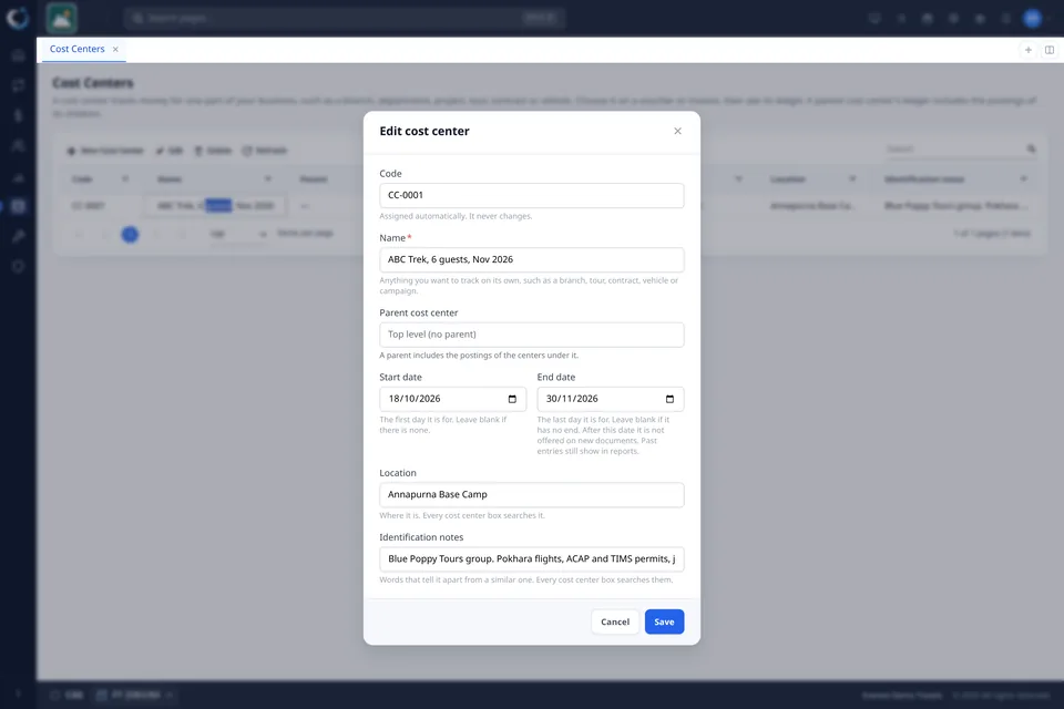 The CAS360 cost centre form for the tour ABC Trek: code, name, parent, start and end dates, location and identification notes.