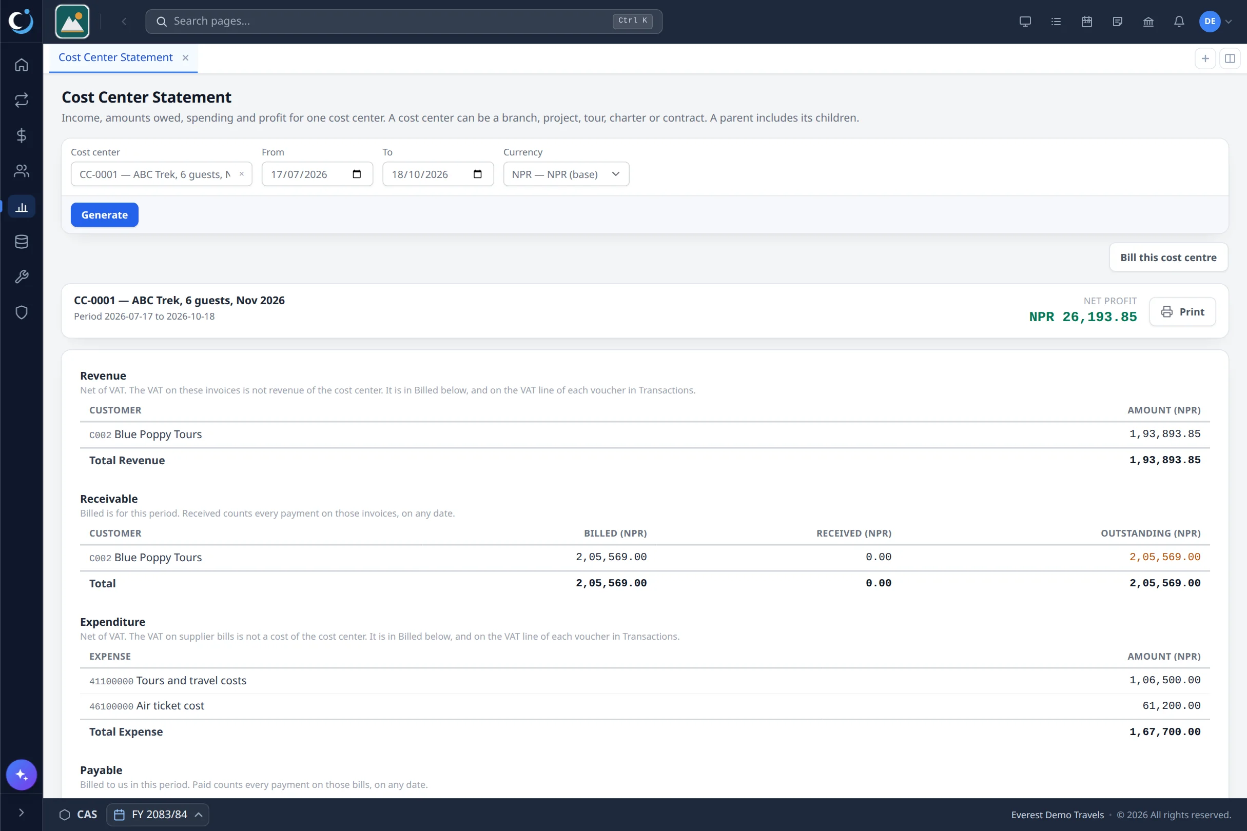 A CAS360 Cost Center Statement for a trek: revenue, receivable, expenses by head, payable and profit